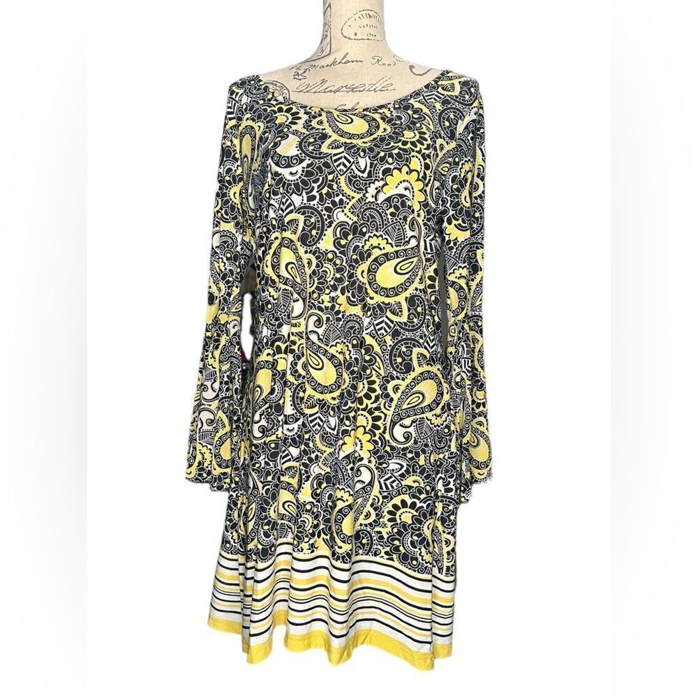 HAANI Paisley black and yellow dress size petite XL flared sheer 3/4 sleeves EUC